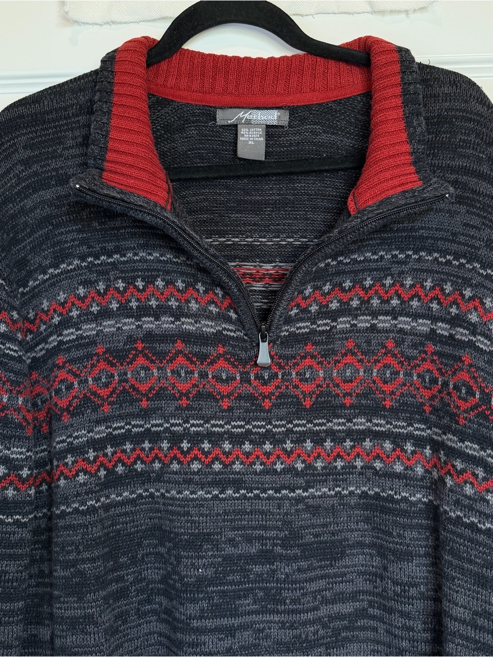 Method Men’s XL 1/4 Zip Fair Isle Nordic Sweater Charcoal Red Cotton Blend 1115